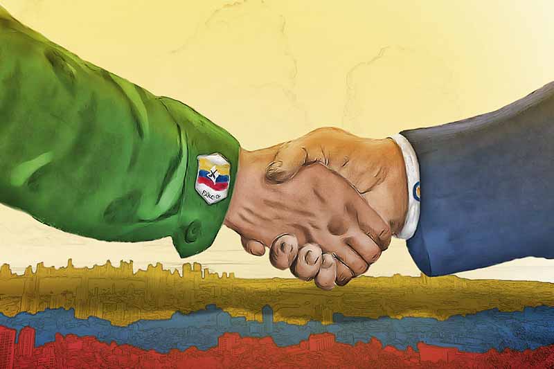 An illustration of a handshake between a person in a military uniform and a person in a business suit.