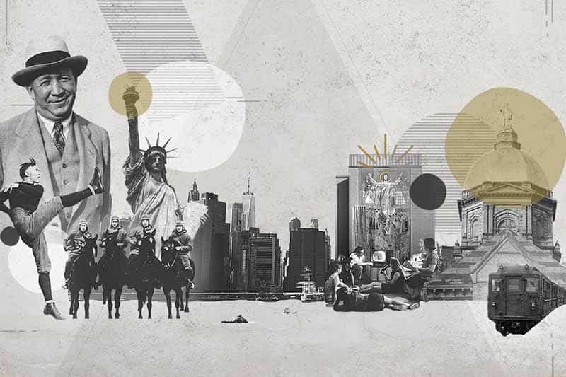 A collage of black and white images featuring New York City landmarks, people on horses, a smiling man, and the Golden Dome.