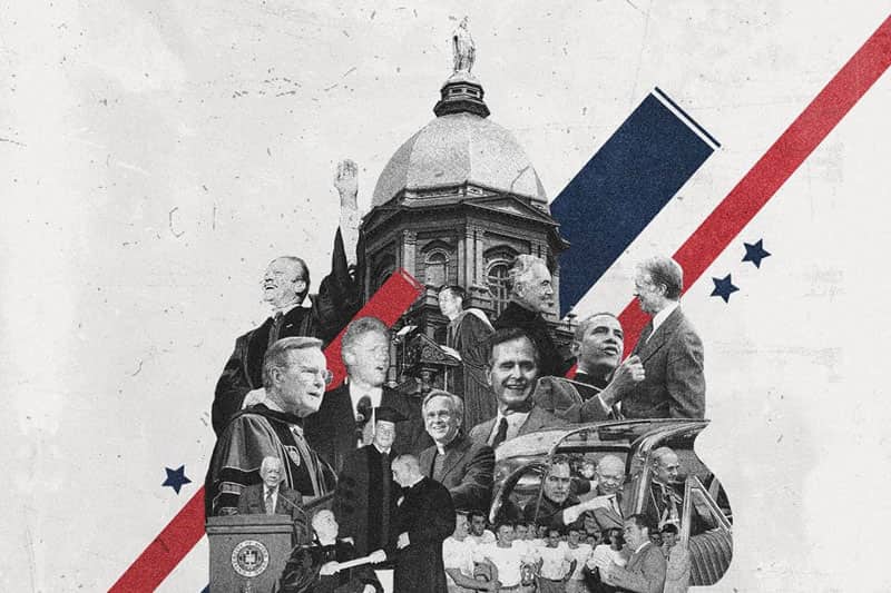A historical collage of various American presidents and political figures with a dome and red, white, and blue stripes. 