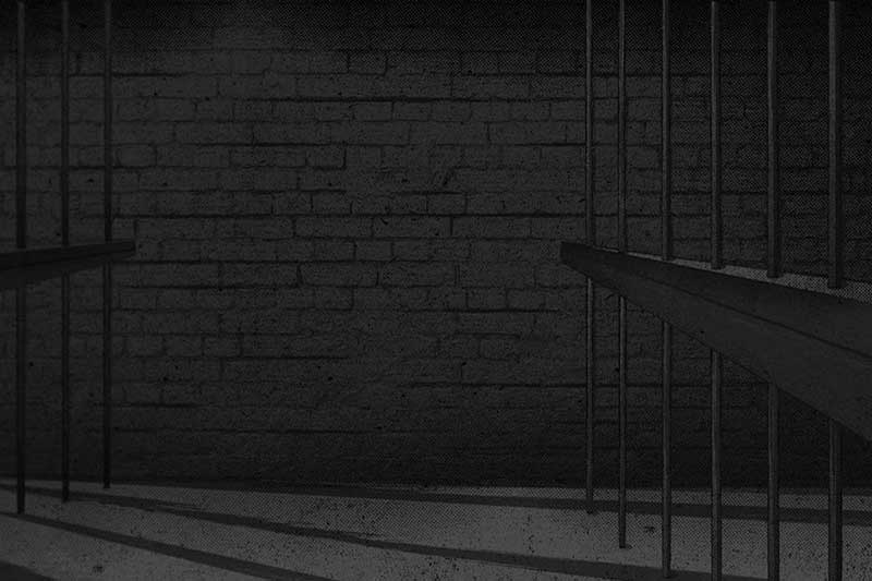 Metal bars are casting long shadows on a dark brick wall.