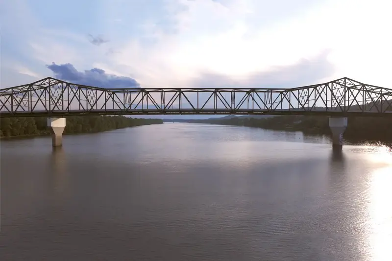 A bridge over a river in Huntington, West Virginia.