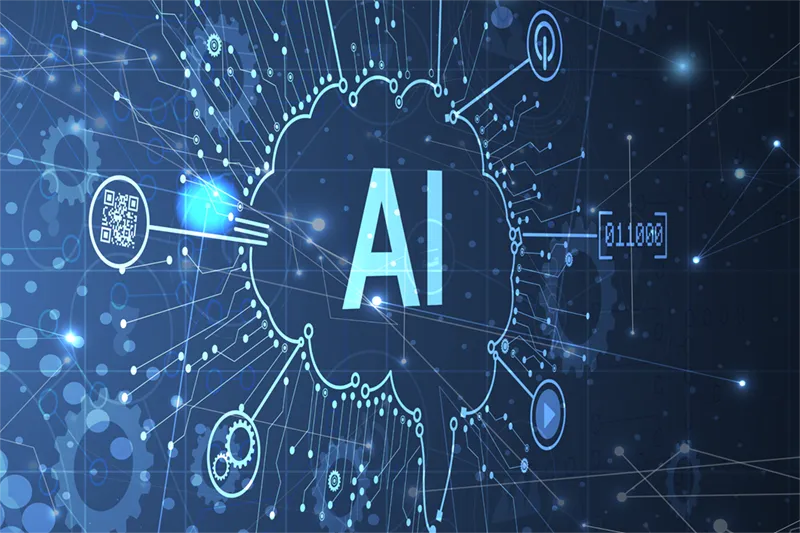 Digital illustration of a blue neural network with the letters AI at the center of a glowing brain outline. Connecting lines and nodes feature tech icons, including a QR code, binary code, and gears, set against a dark blue background with bokeh light.