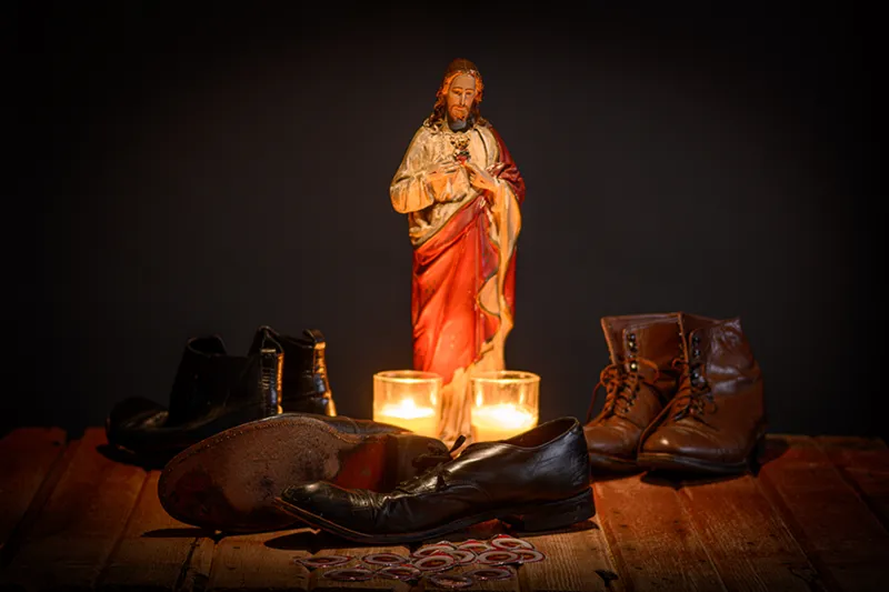 Brother Columba still life arrangement with religious artifacts and symbolic objects, serene and contemplative mood.