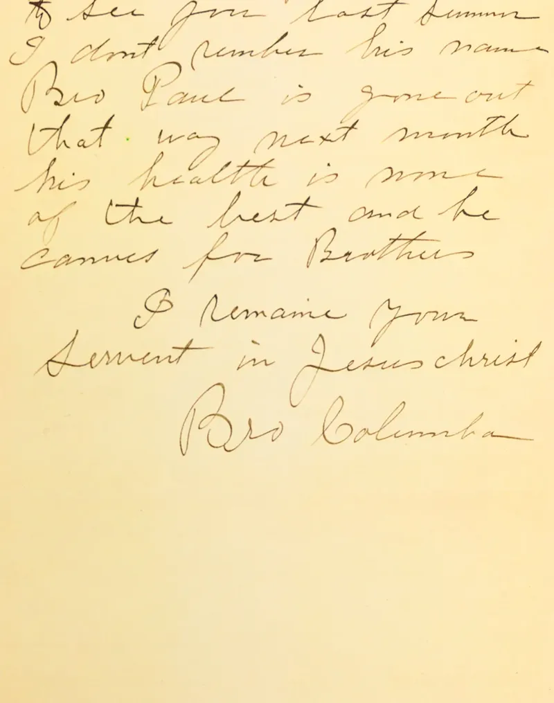 A handwritten letter from Brother Columba in cursive script with minimal punctuation, featuring his characteristic stream-of-consciousness writing style with sparse capitalization and phonetic spelling. The aged paper shows the wear of time, with ink that has faded to brown.