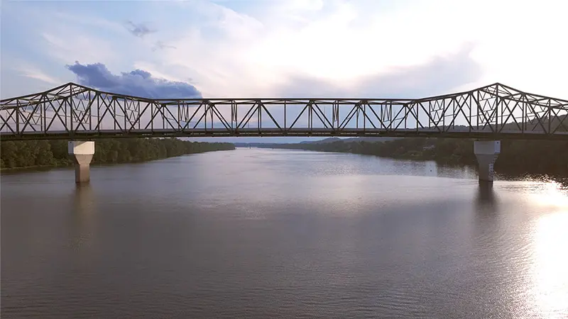 A bridge spans a river