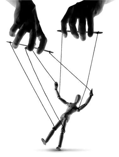 A pair of hands holding a wooden puppet hanging from strings.