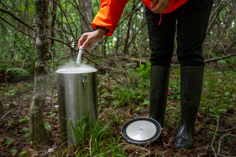 A researcher wearing an orange jacket and black rain boots carefully lowers a small white vial into a steaming stainless steel cryogenic canister. The scene takes place on a leafy forest floor surrounded by thin trees.