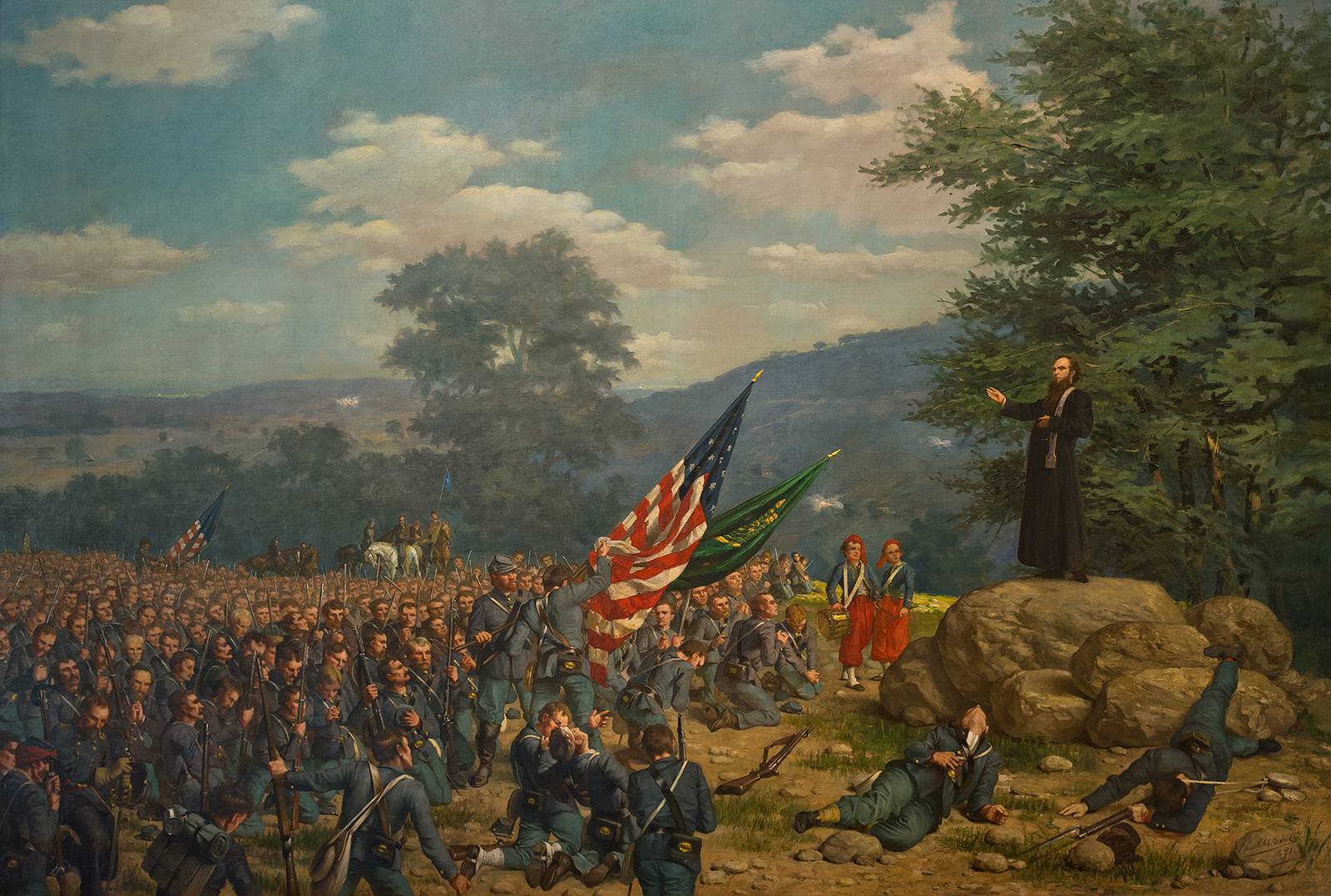 Fr. Corby giving general absolution to the Irish Brigade before the Battle of Gettysburg. This painting was completed in 1891 by Paul Wood, a Notre Dame student at the time.