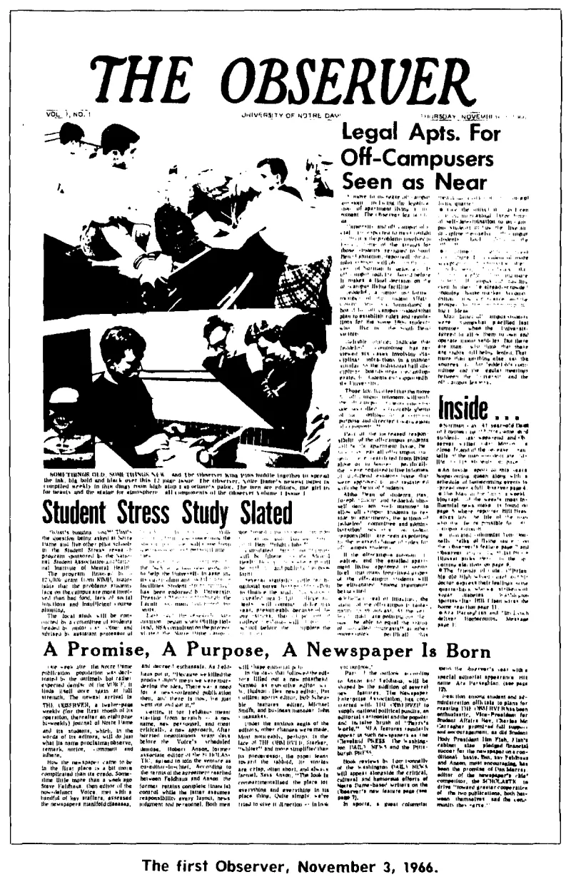 The front page of the first issue of The Observer student newspaper from the University of Notre Dame, dated November 3, 1966. Headlines include 'Legal Apts. For Off-Campusers Seen as Near' alongside black and white photos of students in a newsroom.