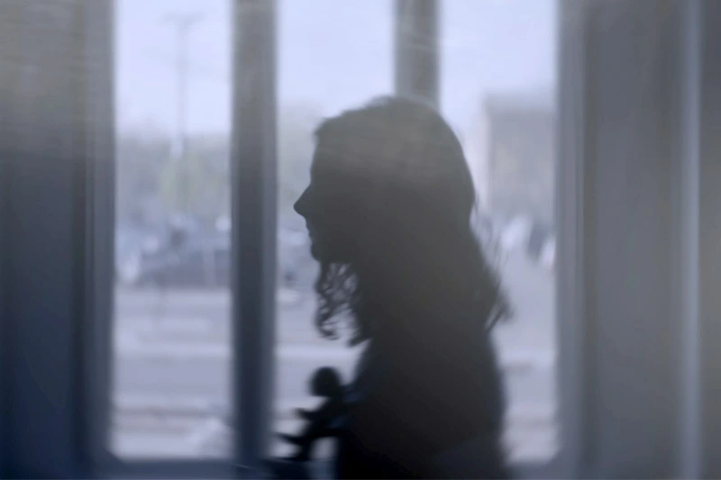 A silhouette of a women in front of a window holding a violin