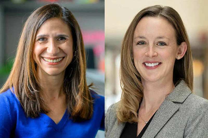 Headshots of two smiling women. On the left is Kristin Valentino, presenting as a woman with long brown hair wears a bright blue v-neck top. On the right is Laura Miller-Graff presenting as a woman with long, lighter brown hair wears a gray blazer.