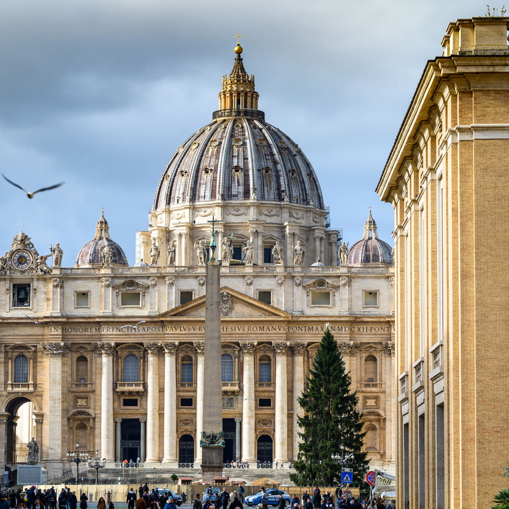 St. Peter's Basilica's dome, the Vatican Obelisk, and a large Christmas tree in a busy St. Peter's Square.