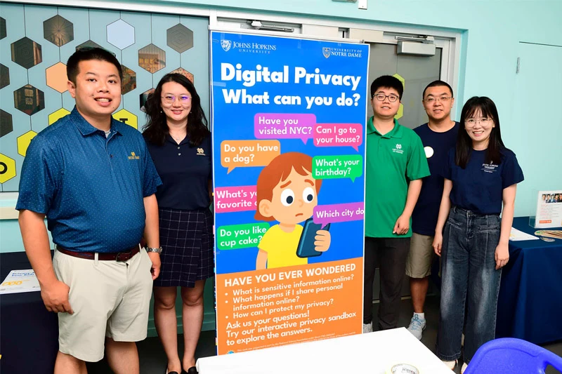 Five students stand beside a blue and orange &rdquo;Digital Privacy&ldquo; poster from Johns Hopkins and Notre Dame, listing privacy questions.