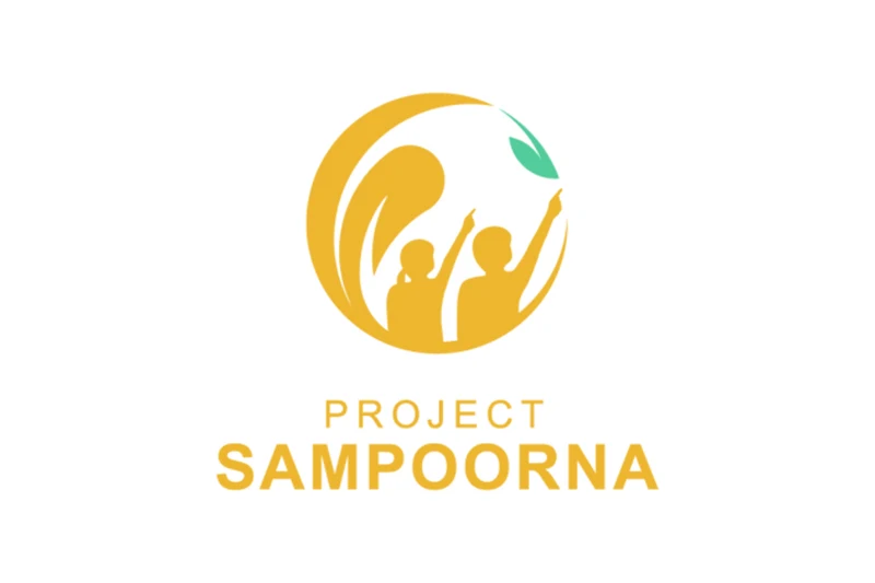 Project Sampoorna logo of two silhouettes of children pointing up to a green leaf within a yellow circle, with text underneath.