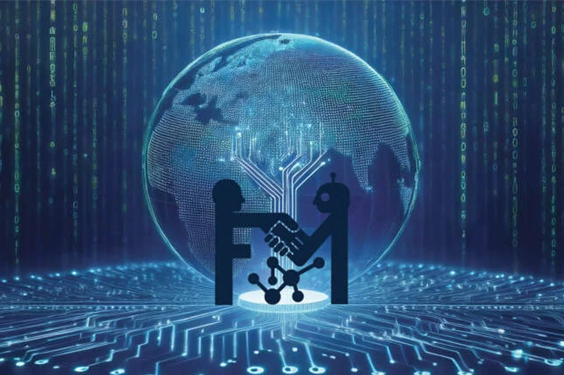 Digital globe surrounded by binary code, with a silhouette of a person and a robot shaking hands over the letters &ldquo;FM&rdquo; and a molecule.