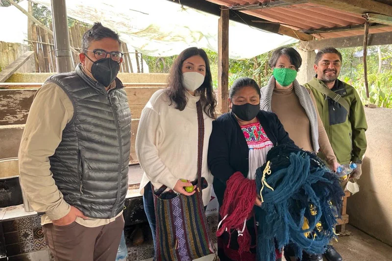 Five people, four masked, stand in a sheltered area. A woman in an embroidered blouse holds bundles of red and blue yarn.