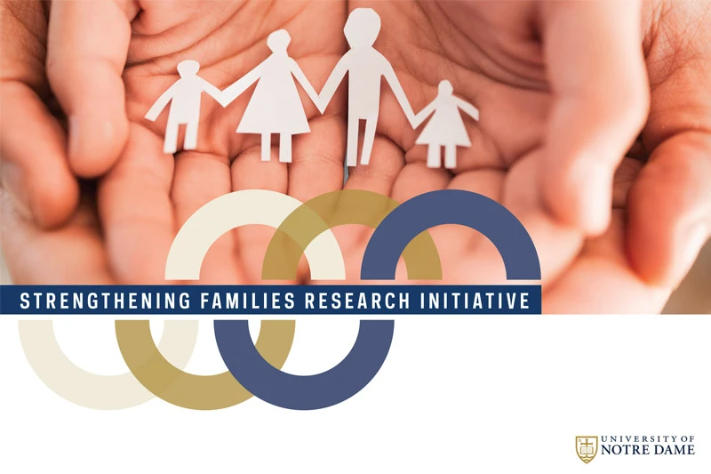 Hands cradle a white paper family of four, overlaid with "STRENGTHENING FAMILIES RESEARCH INITIATIVE" and the University of Notre Dame logo.