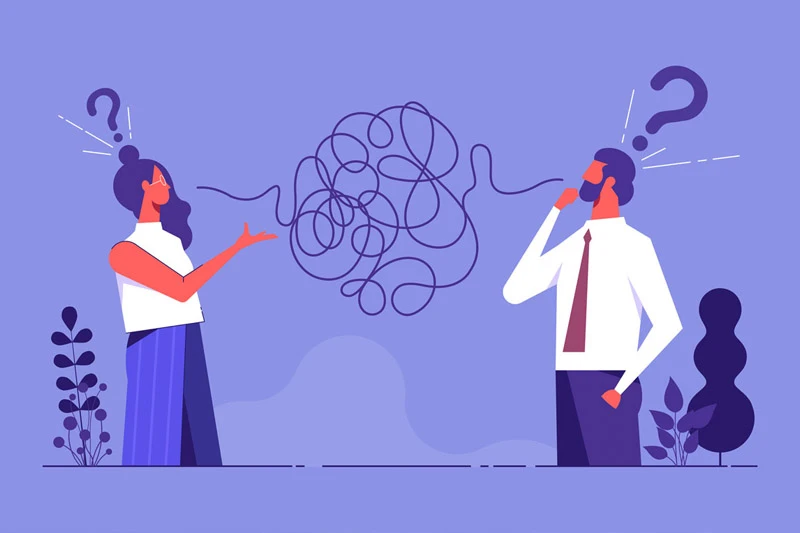 A woman gestures towards a tangled purple line connecting her to a man with a hand to his chin. Question marks float above both their heads, indicating confusion or unclear communication.
