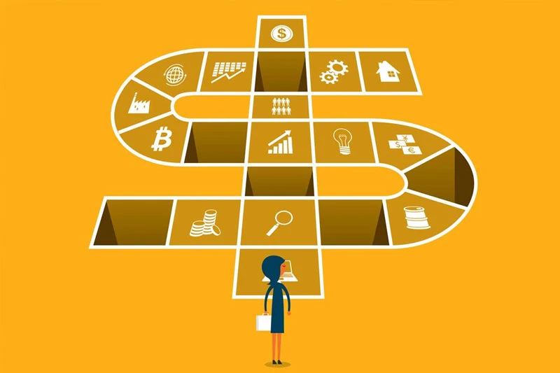 Illustration of a hopscotch like pattern with business symbols in the shape of a dollar sign with a business woman standing at the bottom.