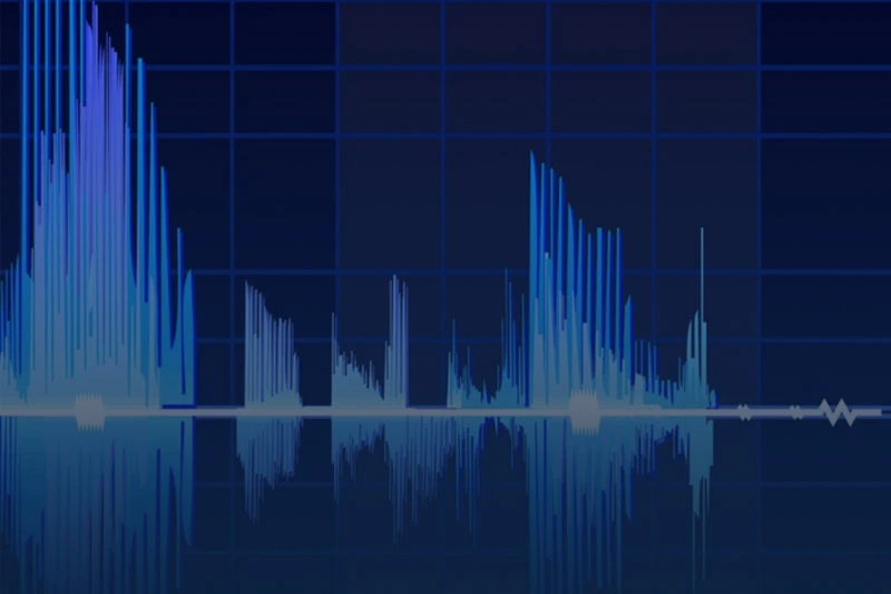 A dark blue graphic of a digital sound wave or radio spectrum reading with vertical blue bars and a horizontal grid.