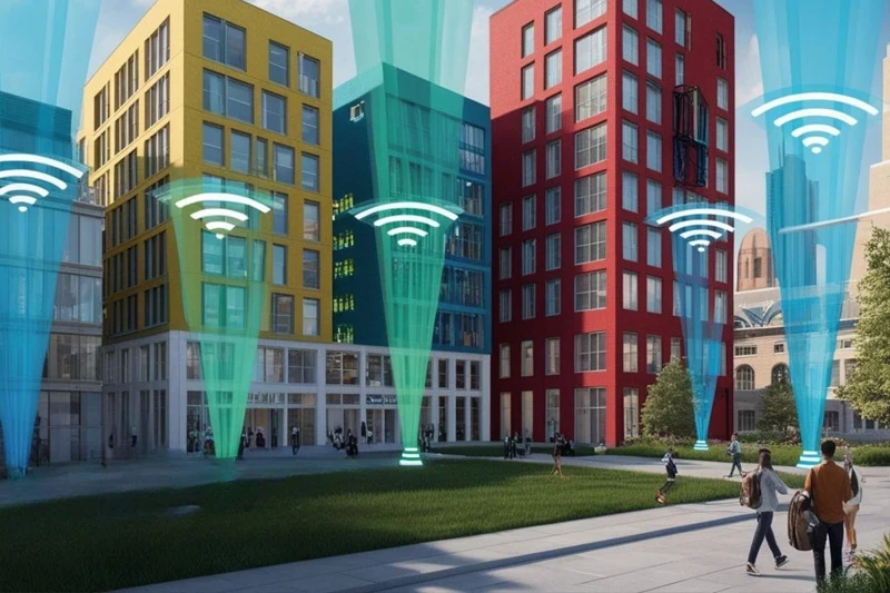 Digital illustration of a plaza surrounded by modern colorful buildings with bright blue beams of light and Wi-Fi icons rising from the ground.