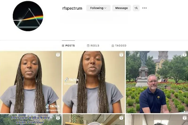 Screenshot of the &ldquo;rfspectrum&rdquo; social media profile showing a prism profile icon and video thumbnails, including a woman and a man near the Golden Dome. 