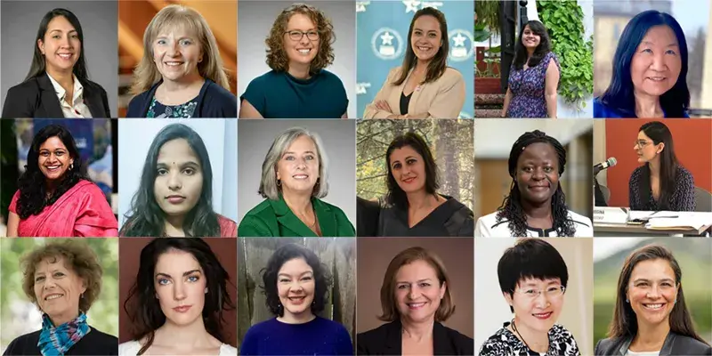 Eighteen diverse women are shown in a grid, most smiling. They wear a mix of professional and casual attire.